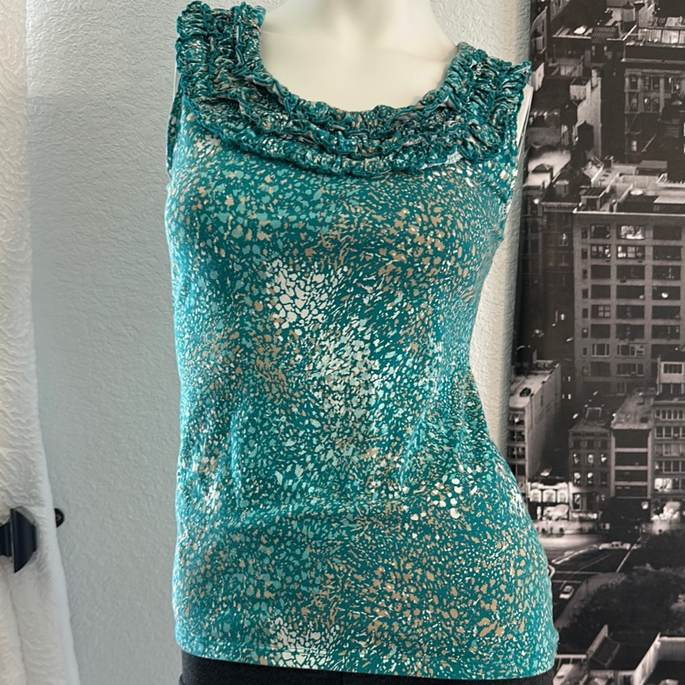 Ann Taylor Teal and Gold Ruffle Tank Top